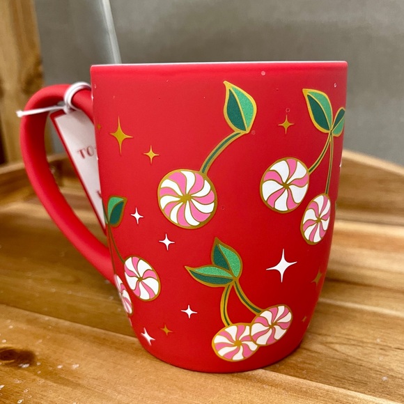 Pink Christmas Peppermint Cherries w/Metallic Gold Red Soft Touch Mug NWT - Picture 2 of 3